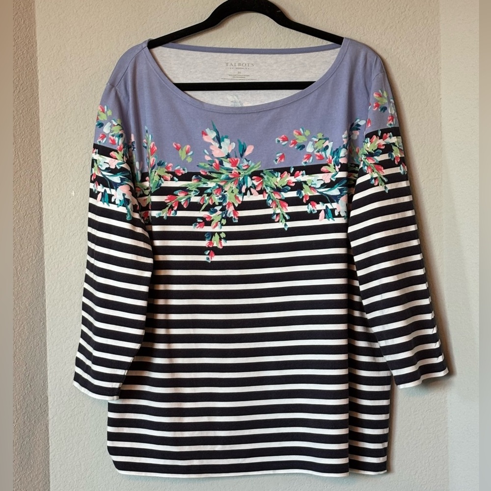 Talbots 3X Floral Stripe Top Navy White Blue Cotton Stretch